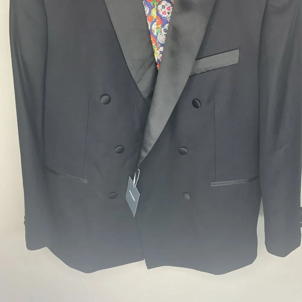 Indochino Black Wool Cashmere Tuxedo Blazer Skull Lined Goth 44R Custom Fit NWT